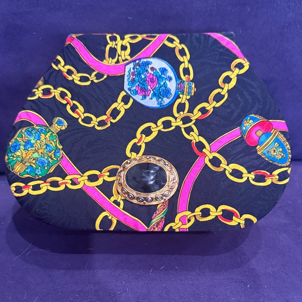 Black Chain-Print Clutch with Pink & Gold Accents